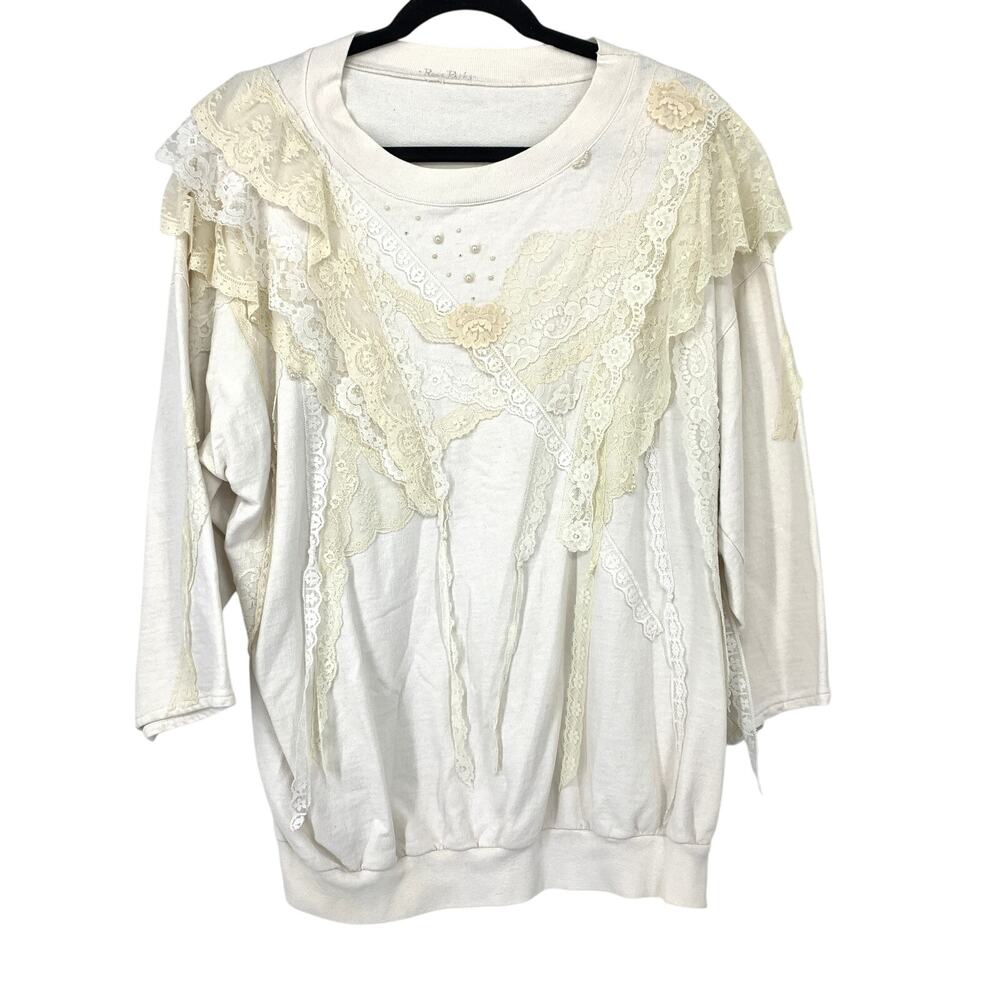 Handmade Top Womens Large Off-White Lace Ruffle Faux Pearl Floral Applique